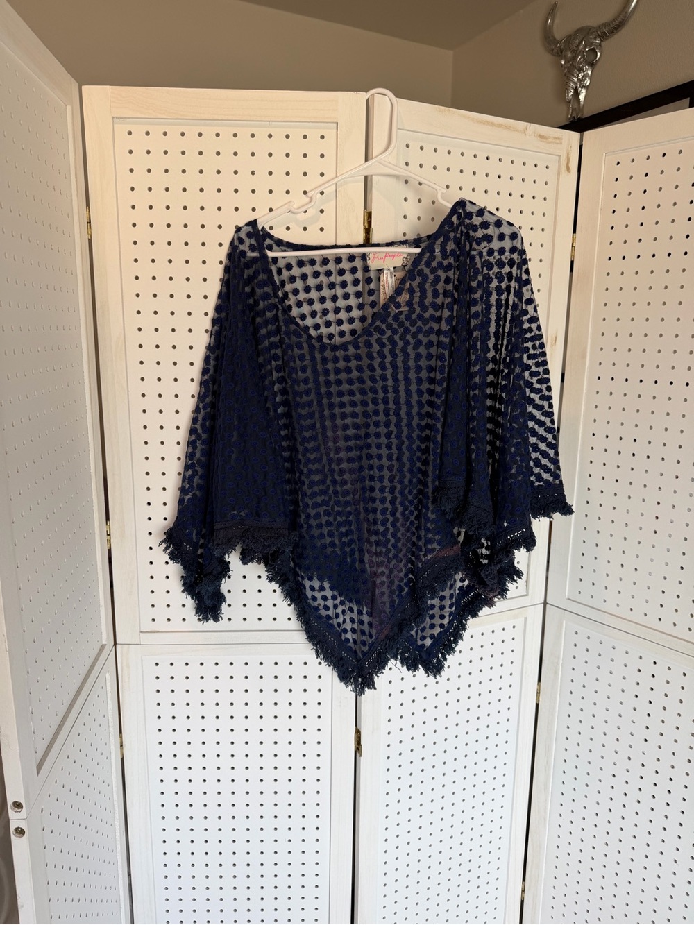 Free People - Women’s Navy Dot Poncho Sweater- ONE SIZE FITS ALL
